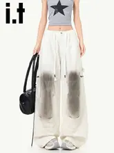 白色弯刀デザインの女性用デニムパンツ【夏用・フィット・ワイドレッグ・カーゴスタイル】