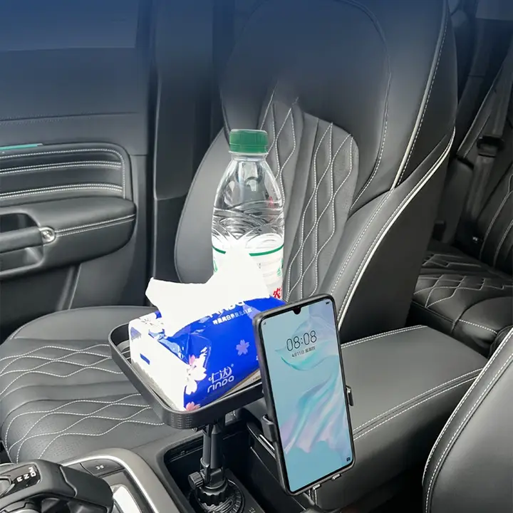 車用カップホルダー兼携帯電話スタンド【小型テーブル・収納機能付き・ドリンクホルダー】