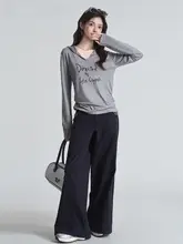 フード付きグレー長袖Tシャツ【ウエストのギャザー・シンプルデザイン・スリム効果】