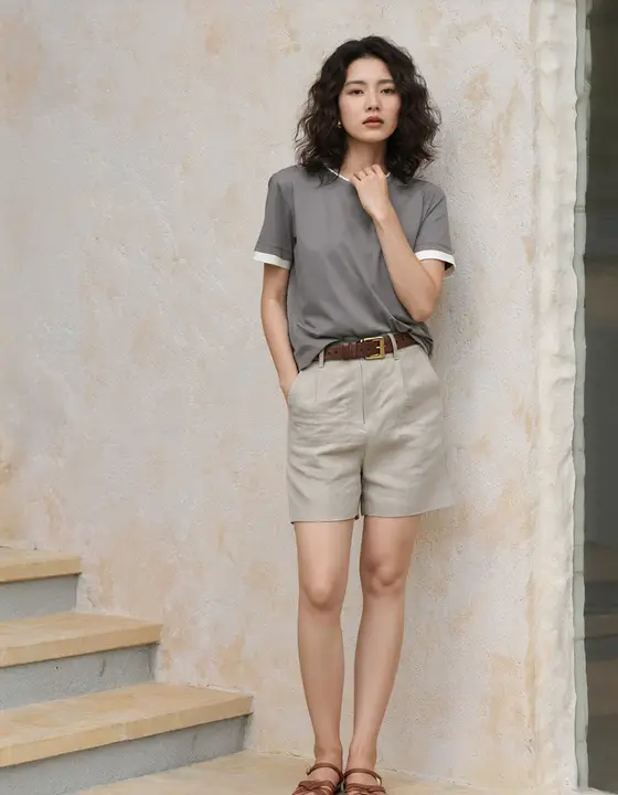 CMORE 夏用 コットン混合 短袖Tシャツ【ラウンドネック・重ね着風・ゆったりシルエット】