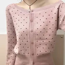 ドット柄長袖ニットカーディガン【斜め肩デザイン・女性用・スタイリッシュ】（セットアップ対応）