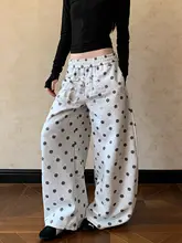 ドット柄のリボン付きワイドパンツ【刺繍デザイン・カジュアル・女性用】（セットアップ対応）