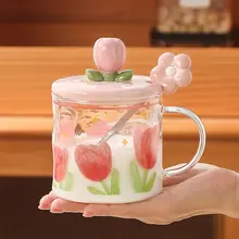 チューリップデザインのカートンガラスカップ【可愛い・オフィス・ミルク・コーヒー用】