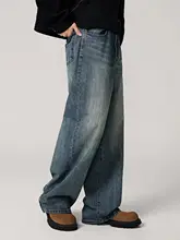 KGK メンズヴィンテージ風ウォッシュデニムパンツ【ルーズフィット・ストレート・ロング】