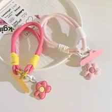 可愛いデザインのピンク花柄スマホケー  ス用チェーン【柔らかいクッション付き・ウィovenデザイン・手首用・携帯電話アクセサリー】