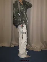 白色パッチワーク付きフリ  ルデザインのウエストドローストリングエラスティックワイドパンツ【女性用・長pants】（セットアップ対応）