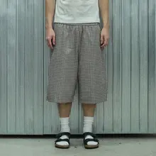 泡泡織チェック柄の七分丈パンツ【極上の柔らかさ・ルーズフィット・カジュアル】（セットアップ対応）