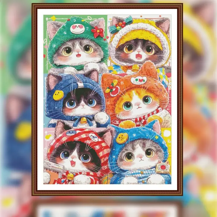 可愛い猫デザインの縦型クロスステッチ刺繍【リビング・ダイニング用】