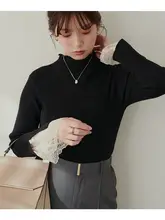 レース切り替えハイネック長袖ニットトップス【秋冬・女性用・甘美・ベーシック】