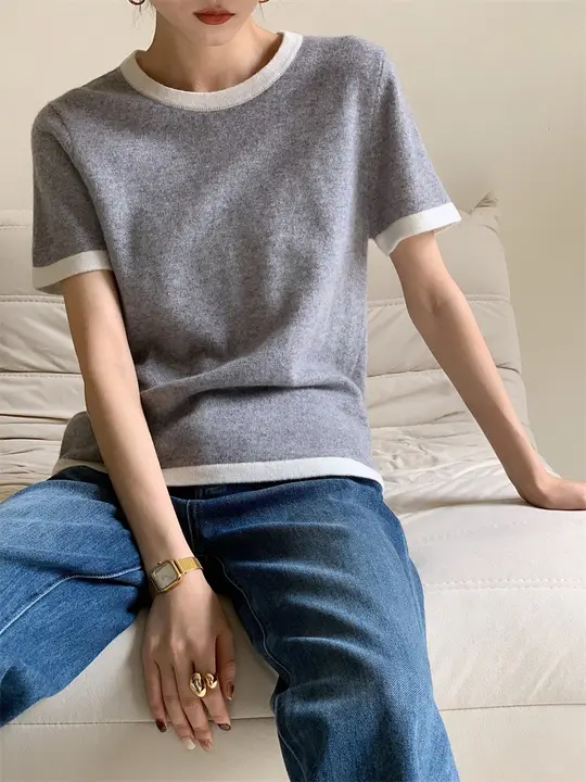 ショートスリーブMAX白鹅绒セーター【クルーネック・カラーブロック・シンプルデザイン・秋冬用】（セットアップ対応）