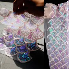 海洋の人魚デザインのラメ刺繍メッシュ生地【幻想的な背景・コスチューム製作用】
