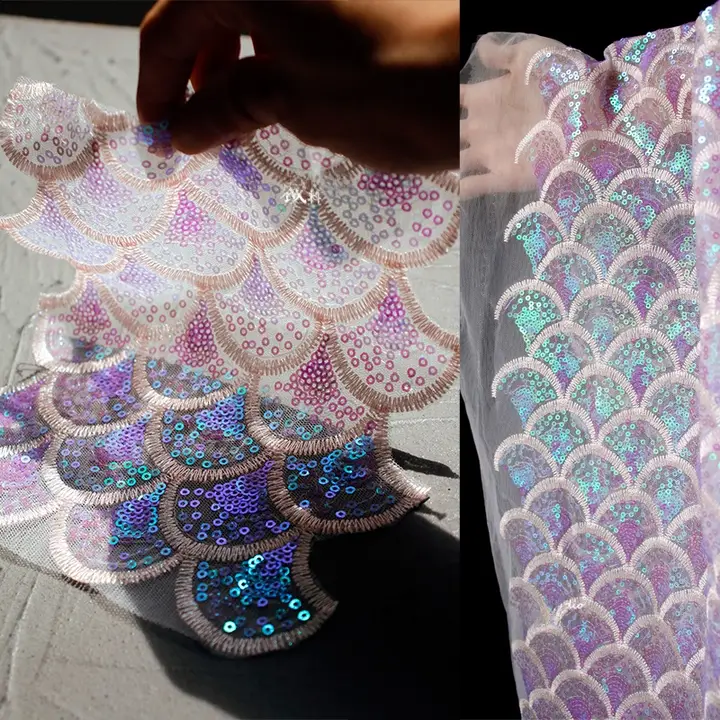 海洋の人魚デザインのラメ刺繍メッシュ生地【幻想的な背景・コスチューム製作用】