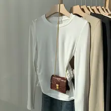 デザイン性のある女性用リブ素材のタイトフィットTシャツ【加絨・ウエストシェイプ・ラウンドネック】