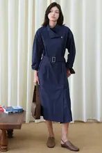 Herz 深青色スタンドカラーコート風ロングドレス【秋冬用・レトロ・ウエストリボン】