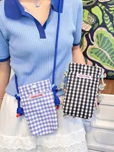 チェック柄の翻蓋スマホバッグ【ブルー・斜め掛け・多機能】