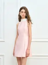 甘美なデザインのバイカラー フォールドカラー 大きなリボン付き ノースリーブ ウエストシェイプワンピース（セットアップ対応）