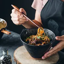 陶器 ラーメンボウル 家庭用スープボウル サラダボウル フルーツボウル 両耳箸立てボウル 創意 レトロ