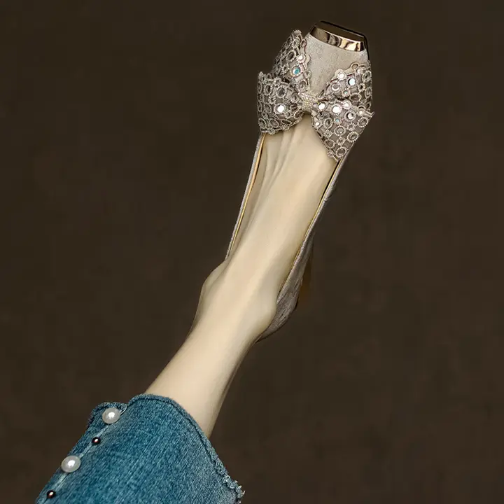 手作り本革フラットシューズ【バタフライリボン・ラメ・プレーン・女性用・快適】