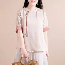 新中式デザインのアセテートサテンビーズボタン半袖トップス【レトロ・フィット】