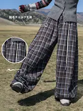 クリスマスデザイン ヴィンテージ風チェック柄 ワイドレッグパンツ【肌触りの良い起毛生地・フィット】（セットアップ対応）