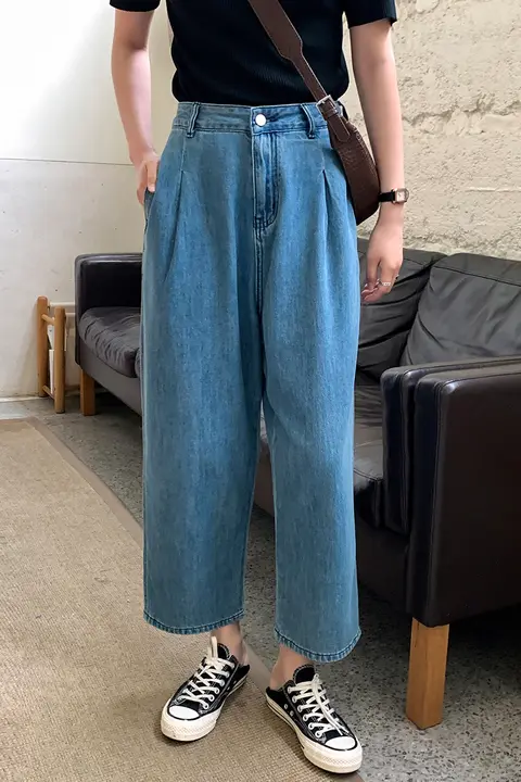 レディース 夏用 ワイドレッグデニムパンツ【薄手・ハイウエスト・9分丈】
