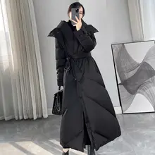 フード付きダウンコート【ブラック・ウエストリボン・極上の柔らかさ・ロング丈】