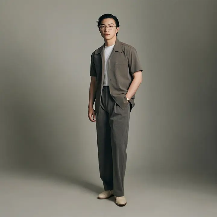 泡泡シャー古典的なキューバ襟半袖シャツ【カジュアル】【夏用】