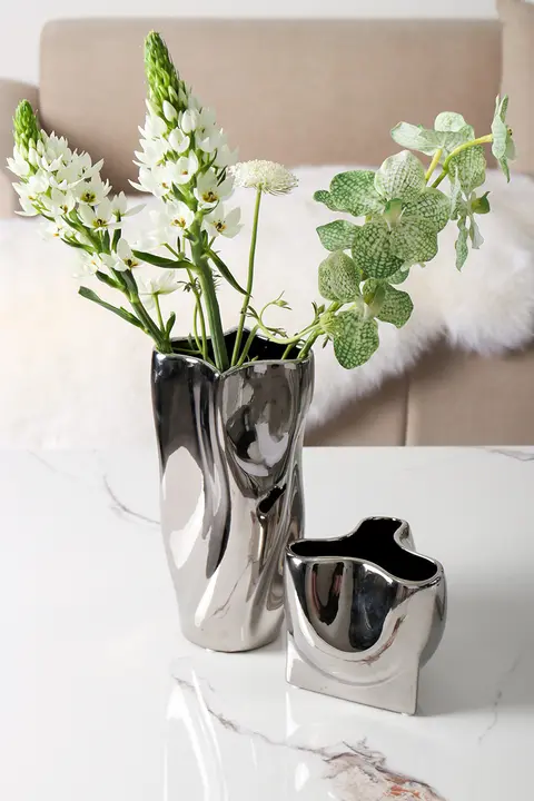 花瓶 玄関 生花飾り オブジェ 陶器 メッキ 不規則 シンプル モダン シルバー 高級感