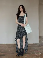 黒いリネンの長袖フラワープリントワンピース【ハイネック・ラッフルデザイン】