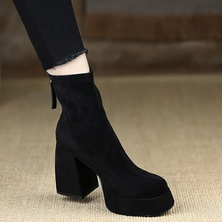 防水ヒールブーツ【ブラック・ショート・ジッパーデザイン・極上の柔らかさ】