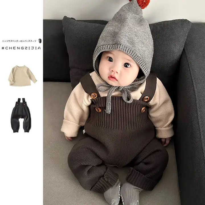 春の女の子用ニットセーターとロンパースのコンビネーション【秋用・長袖・おしゃれ・背面ボタン付き】（セットアップ対応）