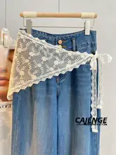 レース付きの女性用ハーフスカート【デニムパンツとの重ね着・トライアングルスカーフ・刺繍ウエストベルト】