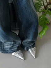 シルバー色の本革ミュール【尖頭・細ヒール・夏用・外出用】