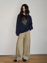 カーキ色コーデュロイハイウエストストレートパンツ【フィット・ワイドレッグ】