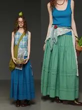 レトロな三色デザインのプリーツAラインスカート【高腰・多層構造・夏用・体型カバー】（セットアップ対応）