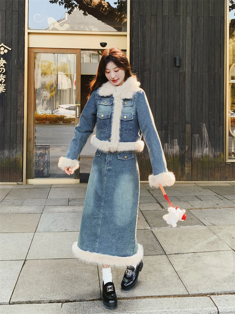厚手保温デニムボアトップスとスカート：冬用女性向けの高級感デザインセットアップ