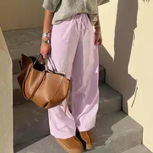 シンプルなデザインのピンクストライプ系帶カジュアルパンツ【・ロング丈】