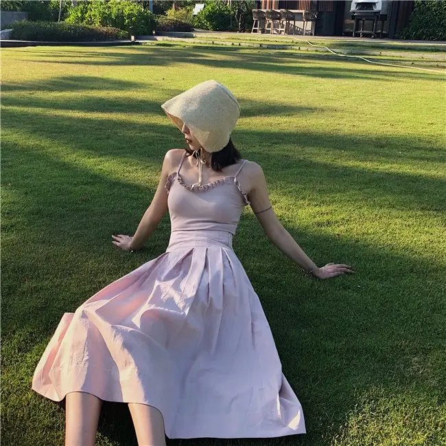高腰Aラインスカート【桜色・ホワイト・通勤用・夏用・スリムデザイン】（セットアップ対応）