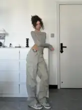 HIGHLIFE ユニセックス 口袋付きワークパンツ【微フレア・レトロデザイン・ブラック】