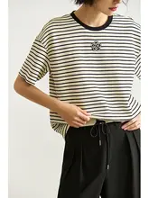 夏のカジュアル通勤向けバイカラーストライプ半袖Tシャツ【ゆったりフィット・ショート丈】