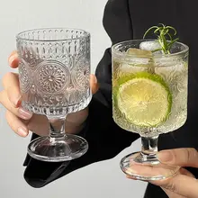 レトロなインス風のひまわり浮彫グラス【高デザイン・ジュース・カクテル用高脚】