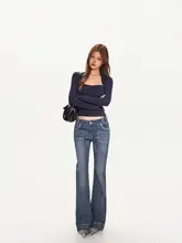 低腰デニムフレアパンツ【美シルエット・秋用・ウォッシュ加工】（セットアップ対応）