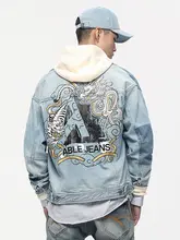 大きな刺繍デザインの春秋用デニムジャケット【ユニセックス・ゆったりフィット・クラシックウォッシュ】