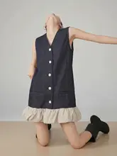 ワンピース レディース ノースリーブ Vネック シングルボタン パッチワーク チューリップヘム ブラック おしゃれ きれいめ 通勤 夏