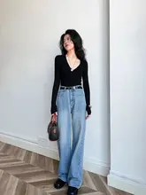 高級感ある浅青色ハイウエストストレートデニムパンツ【ノンストレッチ・柔らかい・スリム効果】