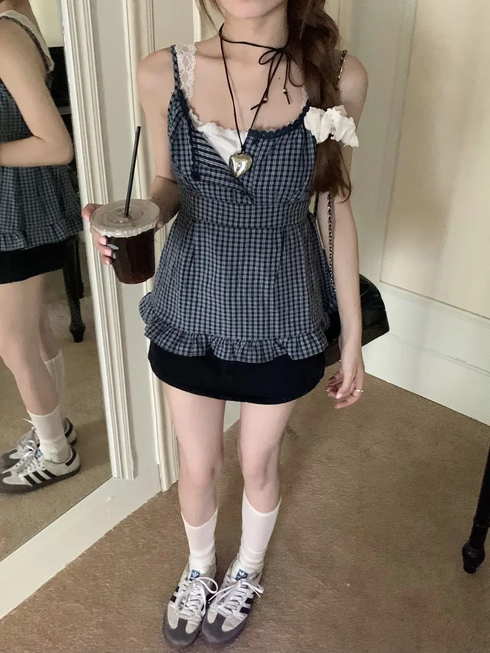 格子柄のレースレイヤードキャミソールトップス【夏用・着痩せ効果・女性用】（セットアップ対応）