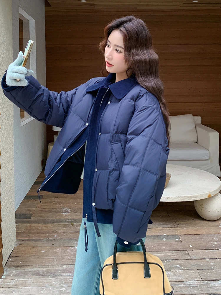 深藍色チノコーデュロイ風ダウンコート：高級感と通気性を兼ね備えた冬用着用ガイド