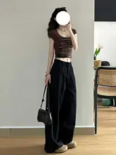 高身長向け   ブラックワイドレッグデニムパンツ【夏用・ハイウエスト・フィット】