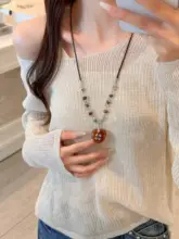 長めのレトロデザイン！愛の形の琥珀ネックレス【毛糸と合わせておしゃれに】