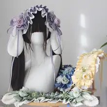 ハンドメイドの折衷スタイルヘアバンド【脱着可能なウサギの耳・ロリータ風花飾り】
